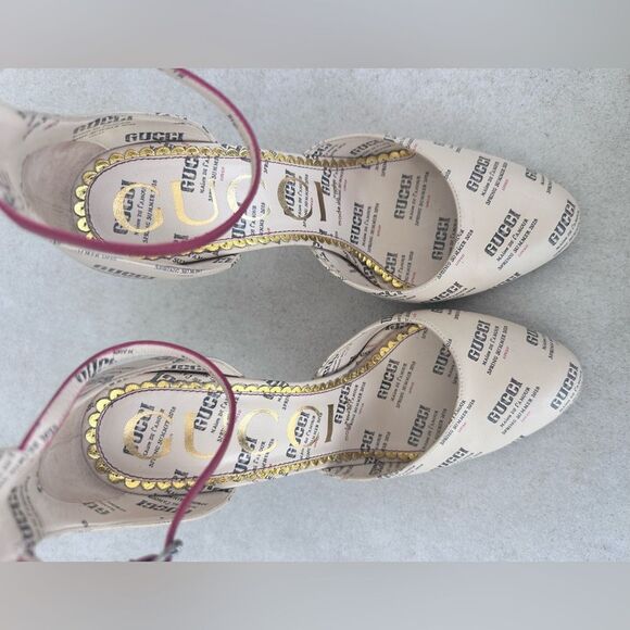 Gucci Apollo Gucci Stamp Print Beige Leather Logo Ankle Strap Pumps EU37.5 US7.5 - Picture 12 of 12